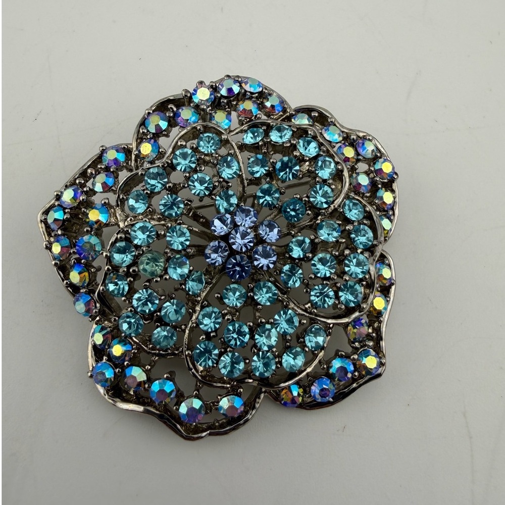 Floral Brooch Blue Excellent Rhinestone Crystal Flower Pin Vintage Style